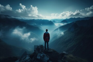 man standing mountain person looking out valley visible sky humid atmosphere awe inspiring science monthly horizon imagery, generative ai