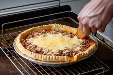 Sticker - meat pie being taken out of the oven, with melted cheese and golden crust, created with generative ai