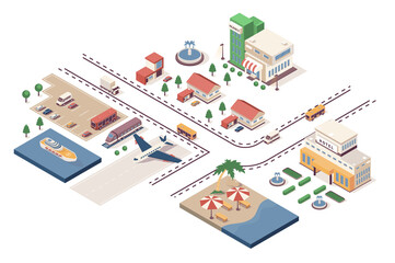 Fototapete - Travel agency concept 3d isometric web infographic workflow process. Infrastructure map with company office, hotel near beach, transport, buildings. Illustration in isometry graphic design