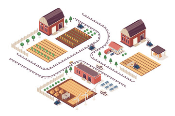 Fototapete - Farming concept 3d isometric web infographic workflow process. Infrastructure map with farmland, barns and fields for seeding, plowing, harvesting. Illustration in isometry graphic design