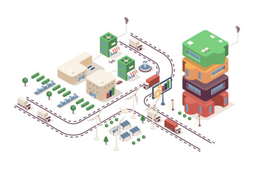 Fototapete - Development company concept 3d isometric web infographic workflow process. Infrastructure map with office building, programming and project agency. Illustration in isometry graphic design