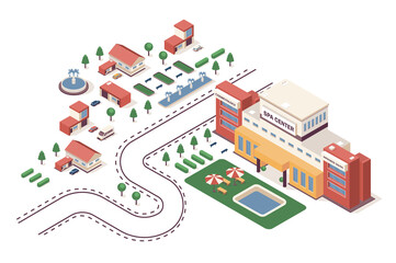 Fototapete - SPA center concept 3d isometric web infographic workflow process. Infrastructure map with buildings for professional massage and skincare treatments. Illustration in isometry graphic design