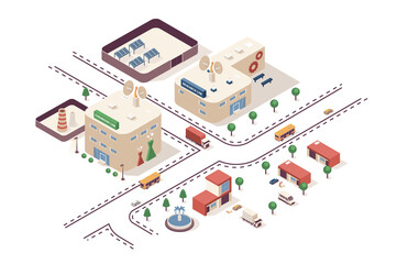 Fototapete - Science laboratory concept 3d isometric web infographic workflow process. Infrastructure map with scientific research lab, chemistry test buildings. Illustration in isometry graphic design