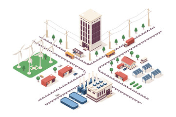 Wall Mural - Renewable energy concept 3d isometric web infographic workflow process. Infrastructure map with eco high voltage lines, solar panels, wind turbines. Illustration in isometry graphic design