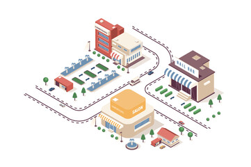 Fototapete - Beauty salon concept 3d isometric web infographic workflow process. Infrastructure map with buildings of cosmetology, nail, hairdressing services. Illustration in isometry graphic design
