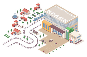 Fototapete - Coworking space concept 3d isometric web infographic workflow process. Infrastructure map with workspace office, parking, town employee buildings. Illustration in isometry graphic design