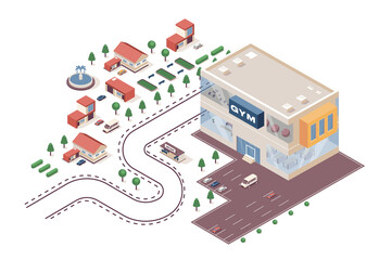 Fototapete - Fitness gym concept 3d isometric web infographic workflow process. Infrastructure map with sport club for workout trainings, parking, town buildings. Illustration in isometry graphic design
