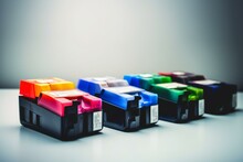 Color Printer Ink Cartridges Isolated On White Background In 3D. Generative AI