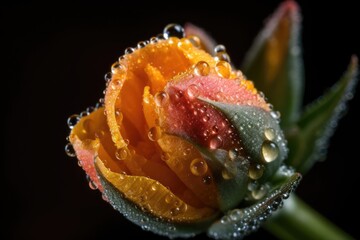 Wall Mural - close-up of blooming flower bud, with dew drops sparkling on petals, created with generative ai