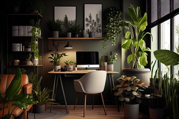 Poster - office with lush, green plants and warm lighting for a serene workspace, created with generative ai