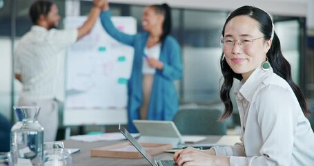Poster - Face, laptop and smile of Asian woman in office with pride for career, occupation or job in workplace. Portrait, computer and happy female professional, business entrepreneur and person with glasses.