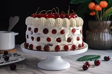 Wall Mural - traditional cherry-layered cake with white frosting and cherry accents, created with generative ai