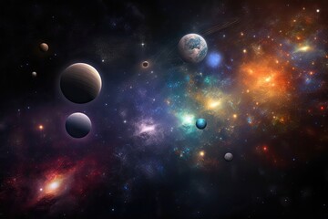 Wall Mural - stars and nebulas in a panoramic view of the universe, with planets and galaxies in the background, 