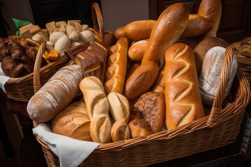 Poster - basket of fresh-baked breads, including baguettes, rolls and buns, created with generative ai