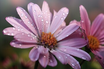 Poster - close-up of delicate pastel flowers with dew drops on their petals, created with generative ai