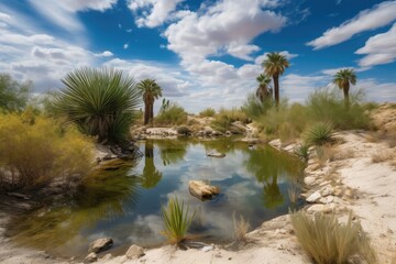 Poster - scenic view of desert oasis surrounded by bright blue sky and fluffy clouds, created with generative ai