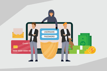 Hacker stealing password out of a laptop guarded by security guards 2d vector illustration concept for banner, website, illustration, landing page, flyer, etc