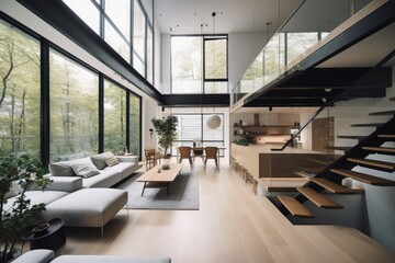 Wall Mural - minimalist home with open floor plan, floating furniture and natural light, created with generative ai