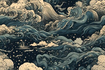 starry night seamless design sky filled lots clouds stars wild ocean background young deep flow turbulence artistic record jacket currents tsunami, generative ai