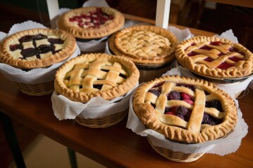 Poster - basket of freshly baked fruit pies and tarts, ready for delivery, created with generative ai