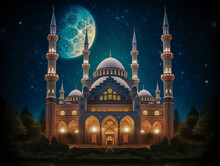 Illustration Of A Mosque In Ramadan On The Background Of A Large Moon