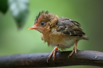 Poster - baby bird sitting on branch, ready to take flight, created with generative ai