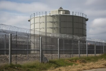 Wall Mural - nuclear waste storage tank, surrounded by high security fence and cameras, created with generative ai