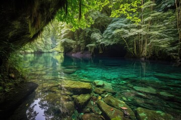 Poster - crystal-clear lake surrounded by lush forest, with hidden waterfall visible in the distance, created with generative ai