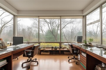 Wall Mural - spacious and airy office, with floor-to-ceiling windows and views of the garden, created with generative ai