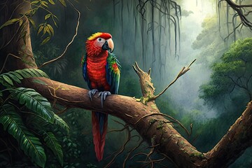 Wall Mural - parrot perched on tree branch, surveying jungle landscape, created with generative ai