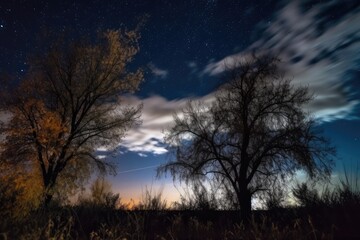 Sticker - harvest moon night sky, with clouds and stars visible, and silhouettes of trees in the foreground, created with generative ai