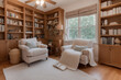 cozy and inviting reading nook with a comfortable armchair, bookshelves filled with books, warm lighting from a floor lamp, soft blanket, and cushions. Generative AI
