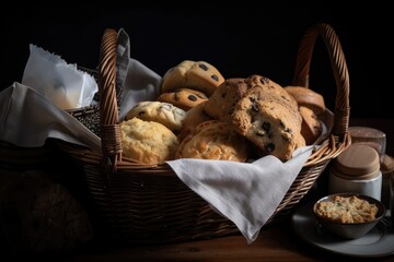 Poster - basket filled with baked goods, including scones, muffins, and cookies, created with generative ai