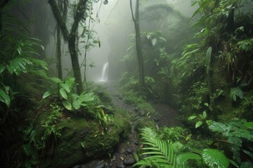  lush jungle with waterfall, surrounded by mist, created with generative ai