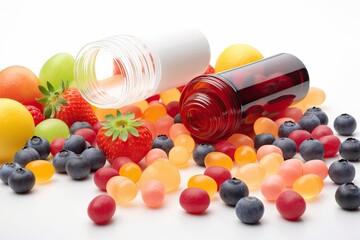 bottle of multivitamin pills, surrounded by fruit and berries, created with generative ai