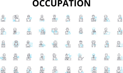  Occupation linear icons set. Doctor, Teacher, Engineer, Accountant, Lawyer, Writer, Chef vector symbols and line concept signs. Gardener,Artist,Musician illustration