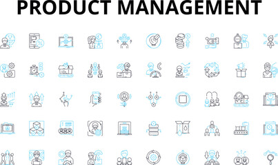  Product management linear icons set. strategy, roadmap, prioritization, ideation, analysis, development, launch vector symbols and line concept signs. iteration,optimization,customer illustration
