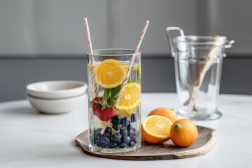 Canvas Print - glass with fruit-infused water and straw for easy drinking, created with generative ai