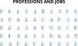 Professions and jobs linear icons set. Engineer, Architect, Doctor, Lawyer, Teacher, Photographer, Chef vector symbols and line concept signs. Writer,Accountant,Salesperson illustration