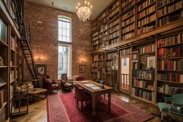 Poster - architecturally interesting library, featuring exposed brick walls and high ceilings, created with generative ai