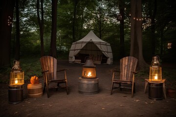 Wall Mural - fireside camp setup with chairs and lanterns for a cozy evening, created with generative ai