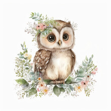 Cute Watercolor Baby Owl. Illustration AI Generative