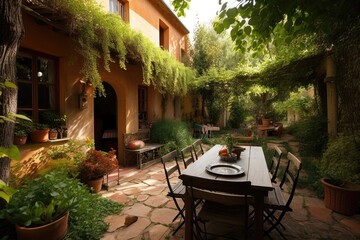 Canvas Print - mediterranean house, with room to dine and entertain, surrounded by lush garden, created with generative ai