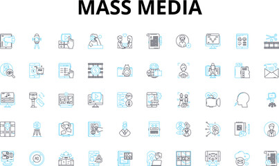 Mass media linear icons set. News, Journalism, Advertising, Radio, Television, Internet, Press vector symbols and line concept signs. Magazine,Newspaper,Media illustration