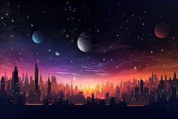 Poster - galactic cityscape with starry night sky and shining moon, created with generative ai