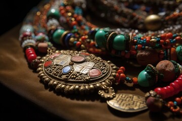 Poster - close-up of intricate beaded necklace, with beads and charms, created with generative ai