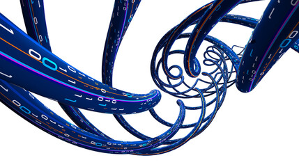 Fototapete - Data stream. Data flow 3D illustration, coding and software development. Twisted strings of data in abstract cyberspace