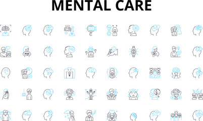  Mental care linear icons set. Therapy, Counseling, Compassion, Self-care, Mindfulness, Recovery, Healing vector symbols and line concept signs. Coping,Well-being,Resilience illustration