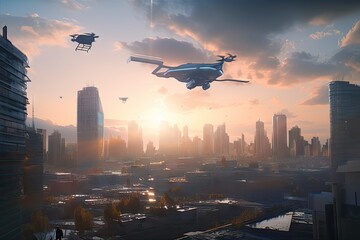 Poster - futuristic cityscape with hovering vehicles and flying people in the background, created with generative ai