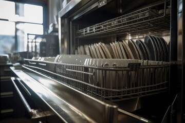 Wall Mural - close-up of clean and shiny industrial dishwasher, ready for the next shift, created with generative ai